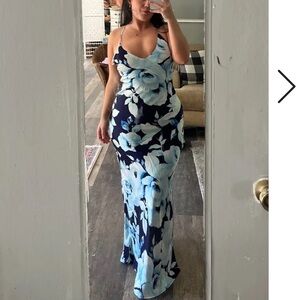 Graceful Aura Navy Blue Floral Satin Cutout Slip Maxi Dress